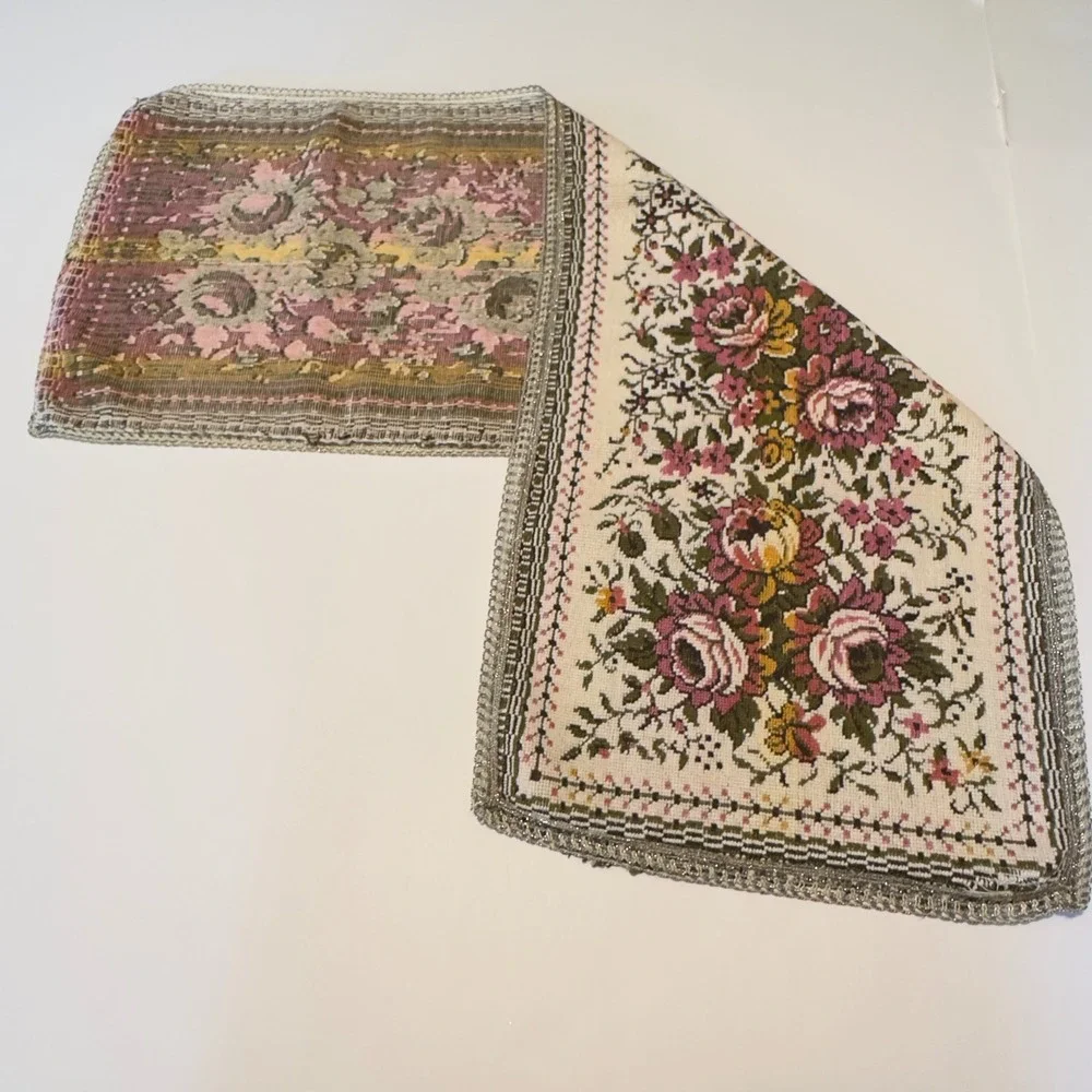 Vintage Floral Needlepoint Table Runner Pink Cream Rose Tapestry 37x13 Decor